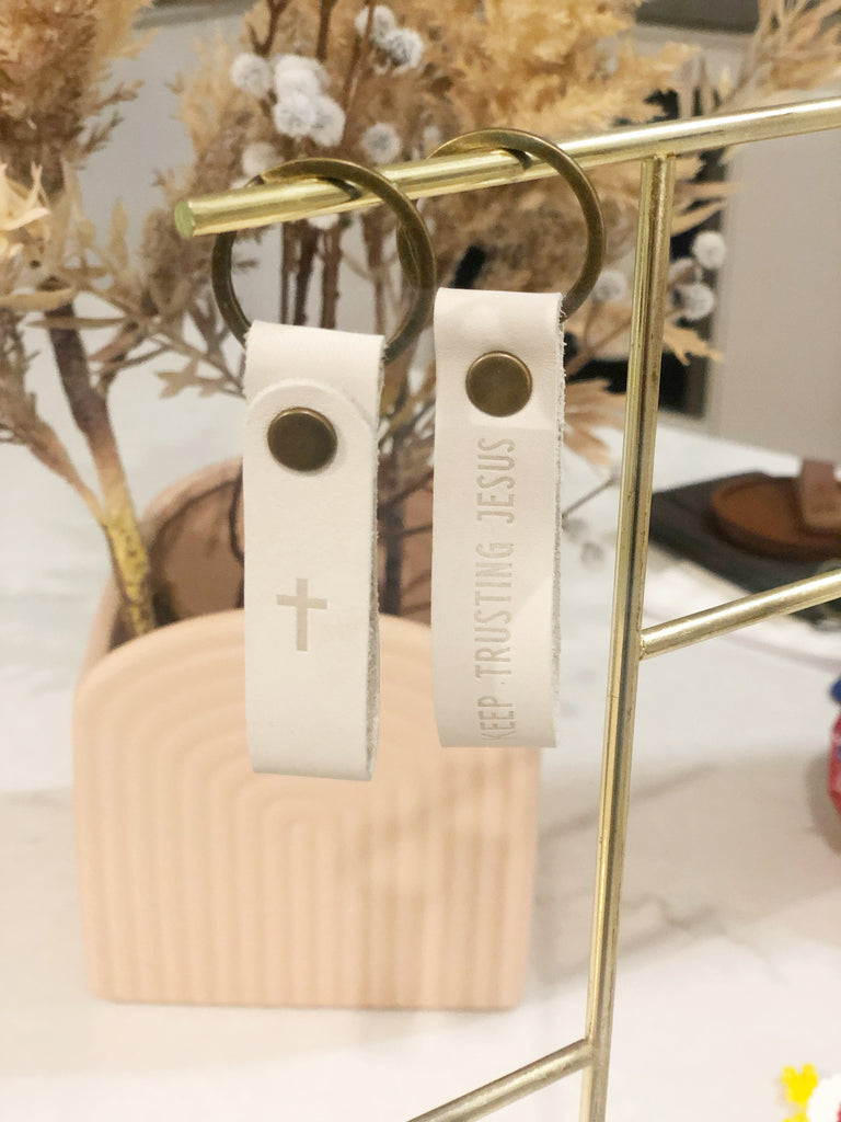 Keep Trusting Jesus ~ Leather Keyring ~ White